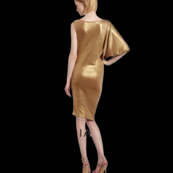 BCBG MaxAzria Gold Abriel draped cowl neck holiday dress one shoulder size large - Picture 3 of 5